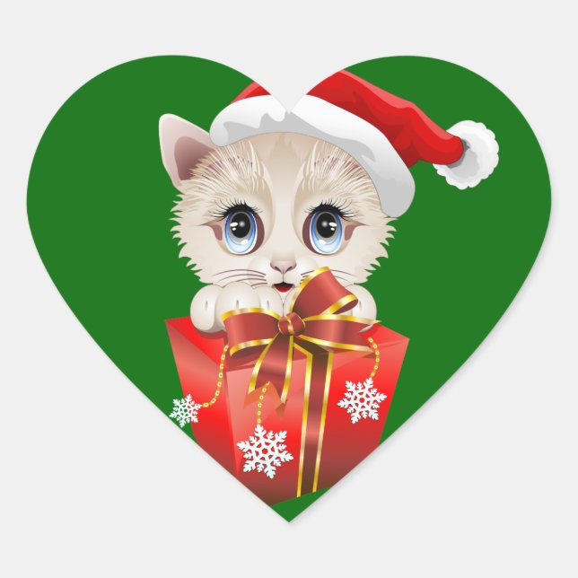 Pegatina En Forma De Corazón Navidades gatitos Santa con regalo (Anverso)