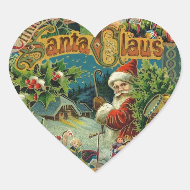 Pegatina En Forma De Corazón Navidades Santa Claus Arte Antiguo (Anverso)