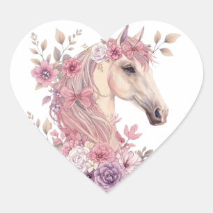 Pegatina En Forma De Corazón Niñas Lindos Caballos Florales en Pastel