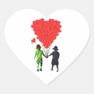 Pegatina En Forma De Corazón Niños sosteniendo manos y globos con forma de cora