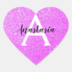 Pegatina En Forma De Corazón Nombre Monograma del Purpurina morado Giram Glam