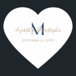 Pegatina En Forma De Corazón Nombre monogramado Iniciales Boda de oro azul<br><div class="desc">Monograma estos pegatinas favorecen la boda con sus nombres,  apellido inicial y fecha de boda. Los monogramas de estos son azul y oro.</div>