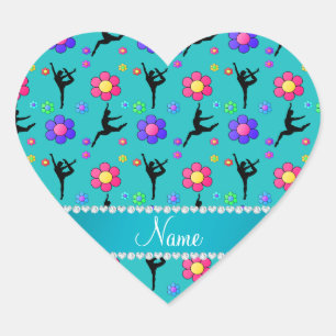 Pegatina En Forma De Corazón Nombre personalizado Flores de gimnasia turquesa
