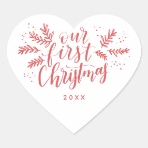 Pegatina En Forma De Corazón Nuestro primer rojo con letras de manos de Navidad