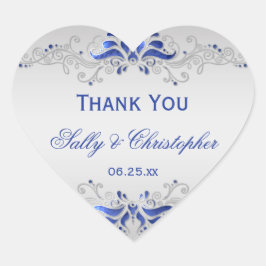 Pegatina En Forma De Corazón Ornate Blue y Silver Swirls Favor de la Boda del C