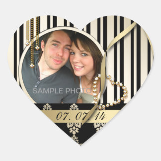 Pegatina En Forma De Corazón Oro Damask Photo Save the Date Labels Heart Shape