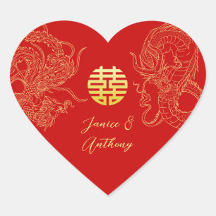 Pegatina En Forma De Corazón Oro rojo dragón fénix boda china
