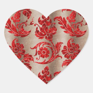 Pegatina En Forma De Corazón Oro Rojo Faux Terciopelo Damask