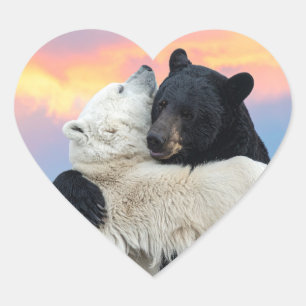 Pegatina En Forma De Corazón Oso polar y negro abrazándose