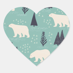 Pegatina En Forma De Corazón Osos polares dibujados a mano Árboles eververdes e