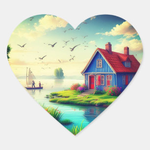 Pegatina En Forma De Corazón Paisaje natural con cabaña y lago-434567