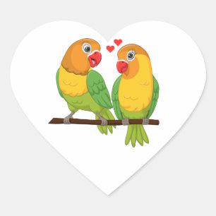 Pegatina En Forma De Corazón Pajaritos de Amor Lindos Amarillo Verde Pájaros de