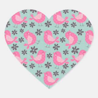 Pegatina En Forma De Corazón Pájaros y flores de polka