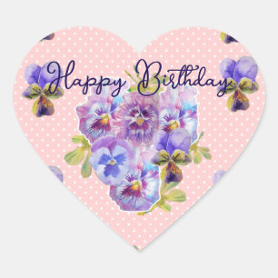 Pegatina En Forma De Corazón Pansies Moradas Patrón de Flor Feliz Cumpleaños