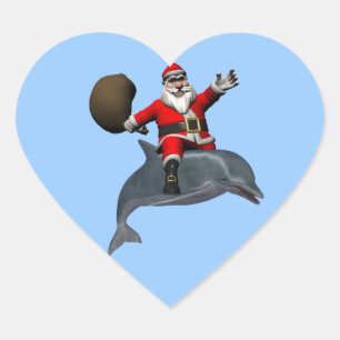 Pegatina En Forma De Corazón Papá Noel montado en delfín