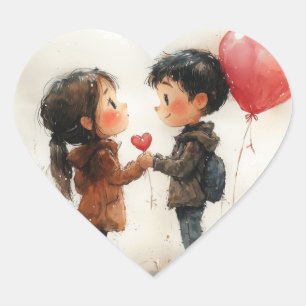 Pegatina En Forma De Corazón Pareja de acuarela adorable corazón globo aerostát