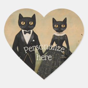 Pegatina En Forma De Corazón Pareja de gatos negros arte popular vintage gótico