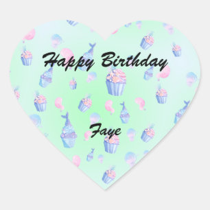 Pegatina En Forma De Corazón Pastel de tarta dulce y sirena Chica feliz cumplea