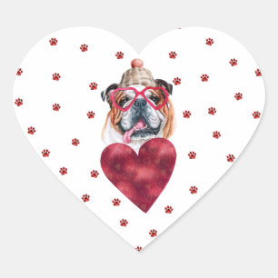 Pegatina En Forma De Corazón Patas Rojas Rosadas Bulldog Inglés de San Valentín