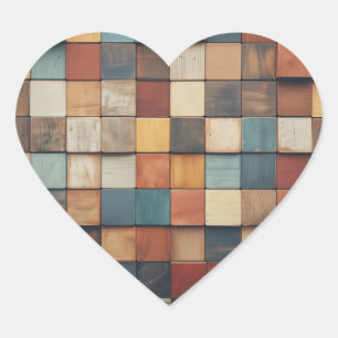 Pegatina En Forma De Corazón Patrón de bloques de madera rústicos y coloridos