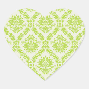 Pegatina En Forma De Corazón patrón de damasco elegante de color verde limón