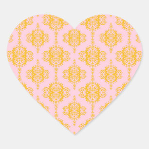 Pegatina En Forma De Corazón Patrón de damasco rosa pálido y dorado
