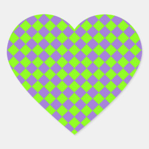 Pegatina En Forma De Corazón Patrón de diamante de cuadros verdes y morados