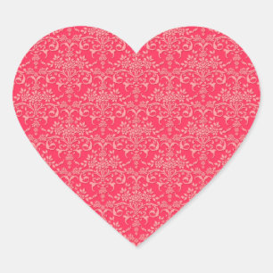 Pegatina En Forma De Corazón Patrón de estilo damasco victoriano rojo y rosa