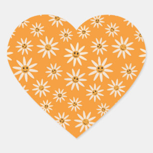 Pegatina En Forma De Corazón Patrón de flores blancas retro sonrientes feliz 