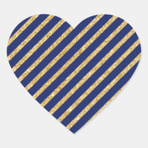 Pegatina En Forma De Corazón Patrón de franja diagonal Purpurina azul y oro de