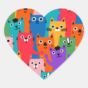 Pegatina En Forma De Corazón Patrón de gatos coloridos