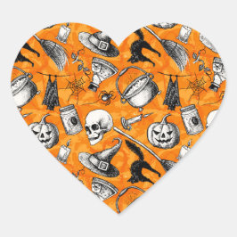 Pegatina En Forma De Corazón Patrón de Halloween Feliz Vintage. Bruja, calabaza