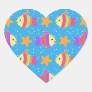 Pegatina En Forma De Corazón Patrón de peces lindos y estrellas de mar
