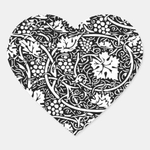 Pegatina En Forma De Corazón Patrón de vid de uva negra y blanca de William Mor