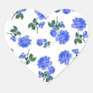 Pegatina En Forma De Corazón Patrón floral de Rosas azul oscuro en blanco