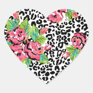 Pegatina En Forma De Corazón Patrón floral Leopard Cheetah Rosa