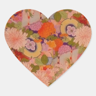 Pegatina En Forma De Corazón Patrón floral rosa de la flor de Kimono