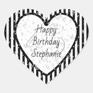 Pegatina En Forma De Corazón Patrón franja blanca y negra feliz cumpleaños