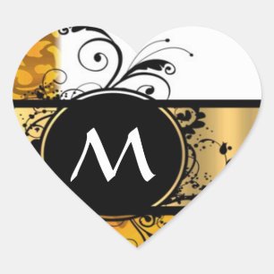 Pegatina En Forma De Corazón Patrón monográfico amarillo dorado