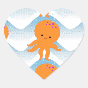 Pegatina En Forma De Corazón Patrón Octopus Y Ondas Azules naranjas