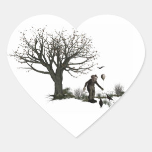 Pegatina En Forma De Corazón Payaso de globo antiguo árbol y pájaros negros ori