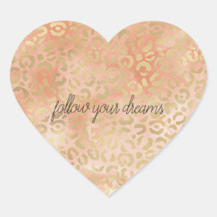 Pegatina En Forma De Corazón Peach Rosa Watercolor Gold Leopard Print