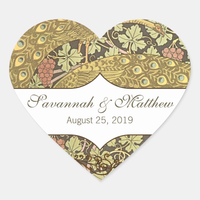 Pegatina En Forma De Corazón Peacocks Art Nouveau de viñedo (Anverso)