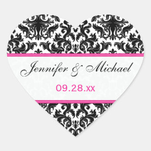 Pegatina En Forma De Corazón Pegatina Boda Black White Pink Damask de 1,5"