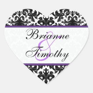 Pegatina En Forma De Corazón Pegatina Boda Black White Purple Damask de 1,5"