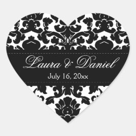 Pegatina En Forma De Corazón Pegatina de Boda de Damask en blanco y negro de 1,