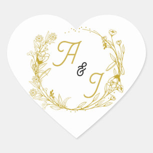 Pegatina En Forma De Corazón Pegatina de boda floral de oro editable