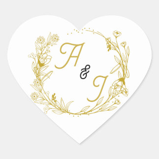Pegatina En Forma De Corazón Pegatina de boda floral de oro editable