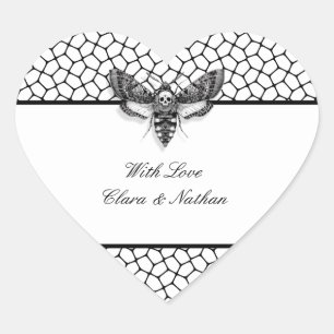 Pegatina En Forma De Corazón Pegatina de boda gótica – Polilla y encaje negro y