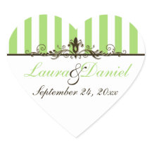 Pegatina de Bodas de rayas blancas, verdes y marro
